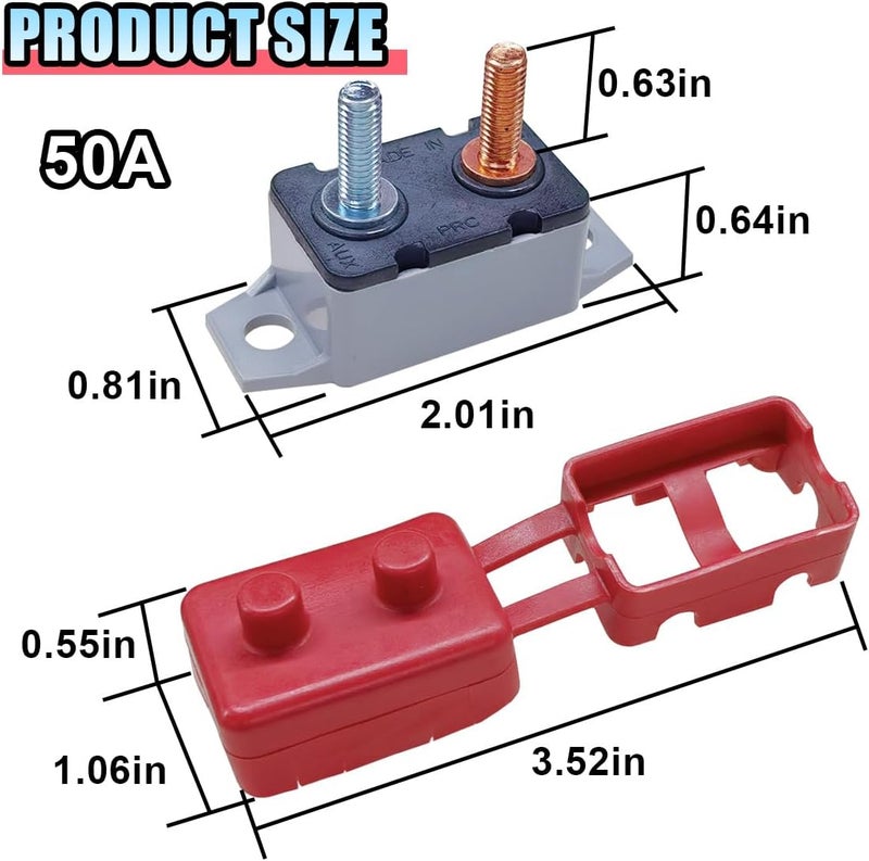 LHDOS 2PCS DC 12V-24V Automatic Reset Circuit Breaker with Cover Stud Bolt, 50A Car Current Overload Protector for Car, RV, Bus, Truck, Car Engine, Battery Charger and More (50A) - Image 2